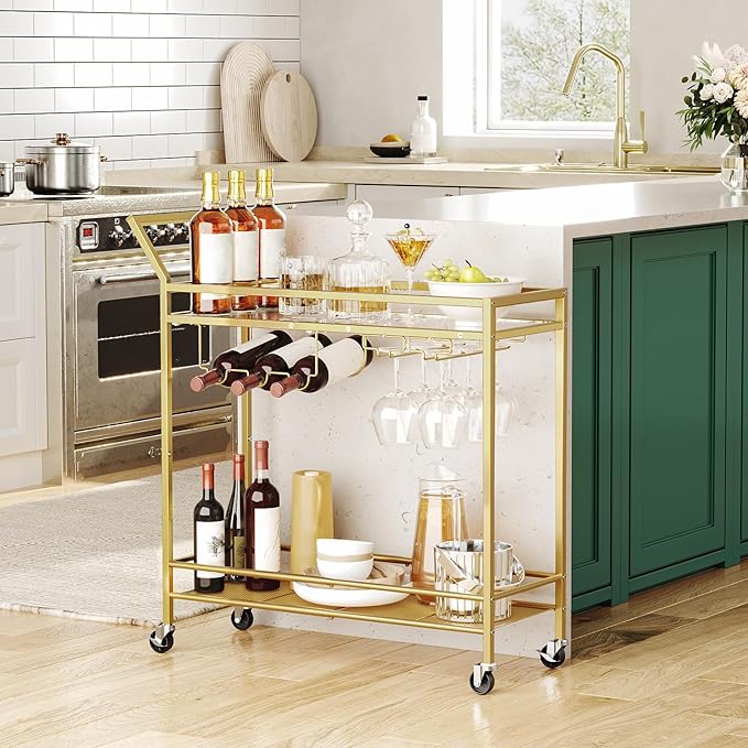 HOOBRO Bar Cart for The Home, Gold Bar Cart, 2-Tier Home Bar Serving Cart with Wine Rack and Glass Holder, Bar Carts with for Bar, Kitchen, Dining Room, Living Room, Gold GD11TC01