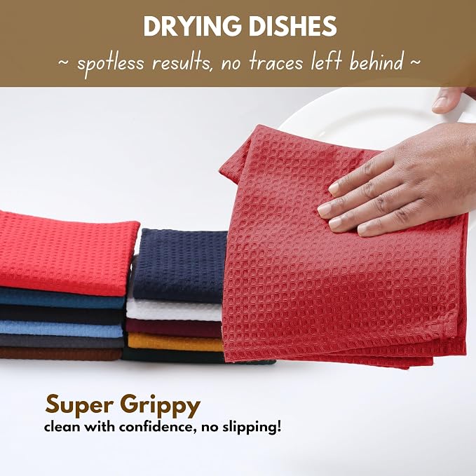 Native Fab 6 Pack Waffle Dish Cloths - 100% Cotton, Absorbent, Quick Drying & Soft Towels for Cleaning, Cooking & Baking - Ideal for Home, Restaurants & Cafes - 12x12 Inches - Red