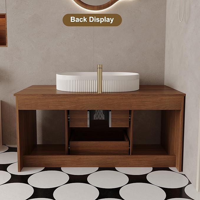 Glintee 40" Modern Floating Bathroom Vanity with Ceramic Basin– Wall-Mounted Solid Wood Cabinet with 2 Drawers & Dual Open Shelves, Easy Assembly (Walnut)