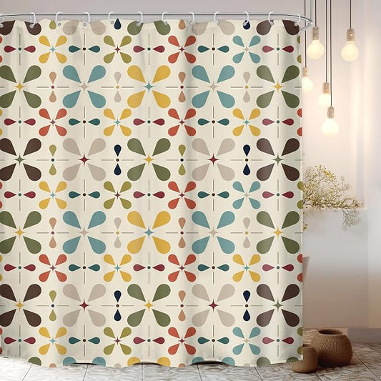 Boho Mid Century Shower Curtain Bathroom Set 71Wx78H Inches Modern Abstract Vintage Colourful Geometric Bohemian Retro Bath Accessories Water Drop Art Home Decor Fabric 12 Pack Hooks