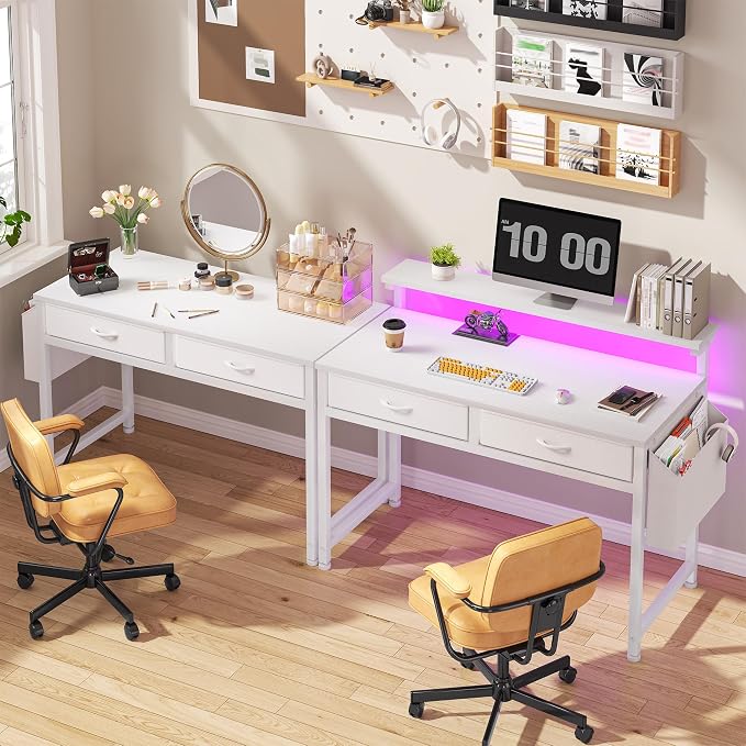 DurayLoly Computer Desk with 2 Drawers & LED Lights,31Inch Home Office Desks with Side Pocket and Monitor Stand,Study Writing Table for Small Spaces,White