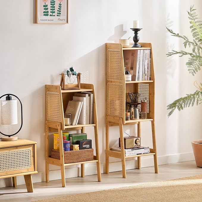 Welnow Bamboo Rattan Bookcase with Cabinet, 1-Tier Storage Shelf with Side Table & End Table Function, Large Modern Wood Organizer for Living Room or Bedroom, Natural Bookshelf