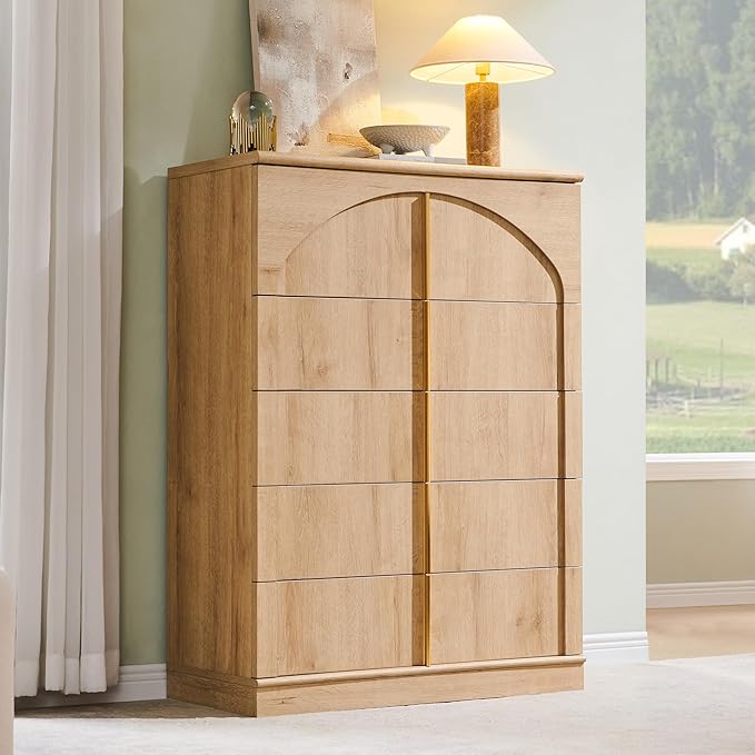 ACCOHOHO Modern 5 Drawers Dresser for Bedroom with Arched Panel,44" Tall Dresser for Closet with Metal Handles,Push-to-Open Wood Storage Closet Dressers for Living Room, Hallway,Natural Oak