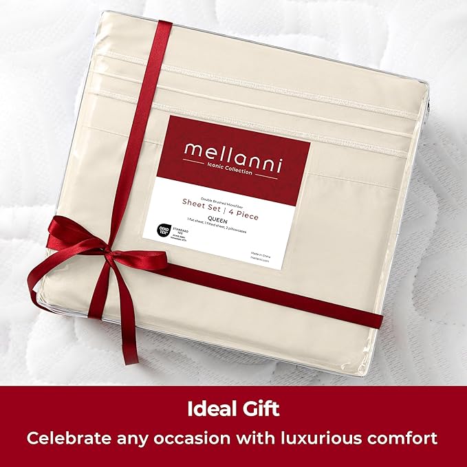 Mellanni Split King Sheets Set - 5 PC Iconic Collection Bedding - Hotel Luxury, Extra Soft, Cooling Bed Sheets - Wrinkle, Fade, Stain Resistant (Split King, Golden Ivory)