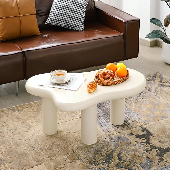 34"(L) Cloud Coffee Table, Modern Wood Coffee Table for Living Room, Accent Center Tables with 3 Legs, Small Tea Tables for Balcony, Patio, Bedroom, Cream White