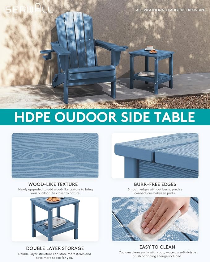 SERWALL 2-Tier HDPE Outdoor Side Tables Set of 4, Weatherproof Rectangular Adirondack Side Table, Blue