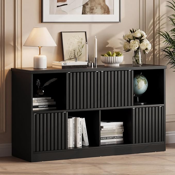 Einhomn 8 Cube Storage Organizer with Sliding Doors, Modern Fluted Bookshelf with Storage Cabinet, Wooden Bookcase with 4 Open Shelves for Living Room, Home Office, Bedroom, Black