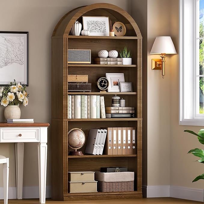 RALGEND Arched Bookshelf, 75.8" Tall Arch Bookcase with Storage, 6-Tier Farmhouse Book Shelf, Arched Cabinet, Wooden Bookshelf with Open Display Shelves, Adjustable Shelf, Office, Walnut