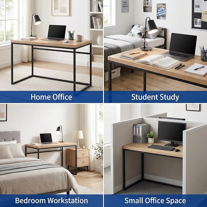 CENSI 47" Natural Oak Writing Computer Laptop PC Desk, Light Wood | Modern Industrial Writing Table, 1.6" Thick Wood Top, Sturdy Metal Frame, Home Office Workstation