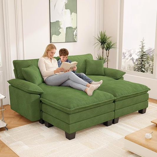 Modular Sectional Sofa Cloud Couch, Comfy Corduroy Loveseat with Ottoman Upholstered Deep Seat Sleeper Sofa Bed 2 Seater Couch Oversized Chaise Lounge Chair Indoor for Living Room Bedroom, Green