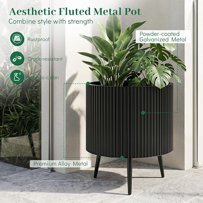 Giantex 20 Inch Plant Pot with Stand, Mid-Century Modern Fluted Planter with Built-in Drainage Holes, Metal Flower Pot with Tapered Legs for Living Room, Office, Porch, Garden