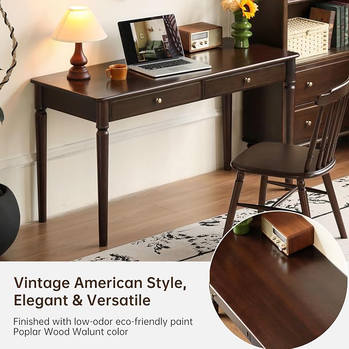 YESWOOD Solid Wood Computer Desk, Vintage Mid-Century Modern Home Office Desk Drawers, Writing Desk with Carved Legs for Study & Work 55.11" W