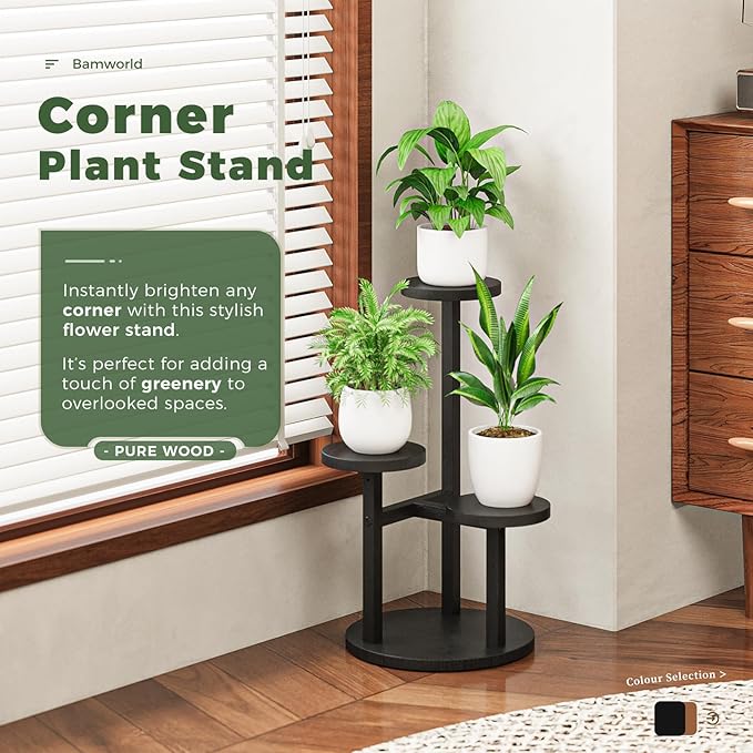 Bamworld 3 Tier Plant Stand Indoor, Corner Wood Plant Shelf for Multiple Plants, Small Tiered Round Flower Stand for Patio Garden Balcony Living Room Bedroom, Black