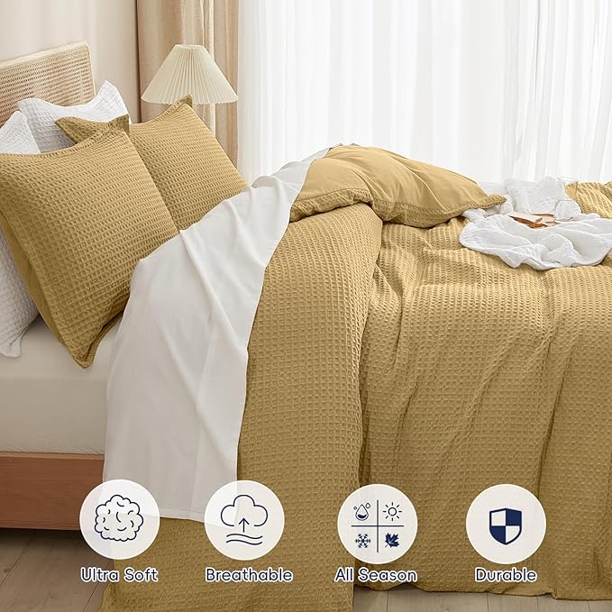 PHF Waffle Weave Duvet Cover Set Queen Size, No Snagging Ultra Soft Luxury Textured Breathable Comforter Cover for All Season 3pcs, Durable Bedding Duvet Set with 2 Pillow Shams, 90"x90", Antelope