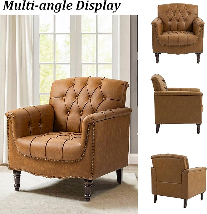 Faux Leather Accent Chair, PU Leather Modern Comfy Upholstered Armchair with Wood Legs & Nailhead Trim for Living Room, Bedroom (Camel,Set of 1)