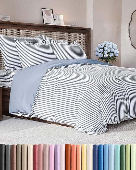 Duvet Cover Full Size - Extra Soft Full Size Duvet Cover - Lightweight & Breathable - Easy Care & Fade Free with Zipper Closures & Ties - 80" x 90" Inches - (Blue Stripes 2) Comforter Not Included