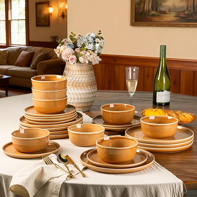 GBHOME Ceramic Dinnerware Sets for 6, 18 Pieces Stoneware Plates and Bowls Sets, Scratch Resistant Dishes, Dishwasher & Microwave Safe, Reactive Glaze-Amber
