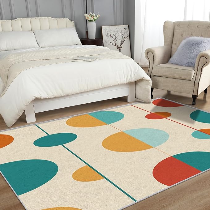 Mid Century Modern Rugs for Bedroom - Washable Colorful Retro Rugs for Living Room - 5x7 ft - Geometric Design Area Rug & Home Decor - Abstract MCM Indoor Carpet with Non Slip Backing
