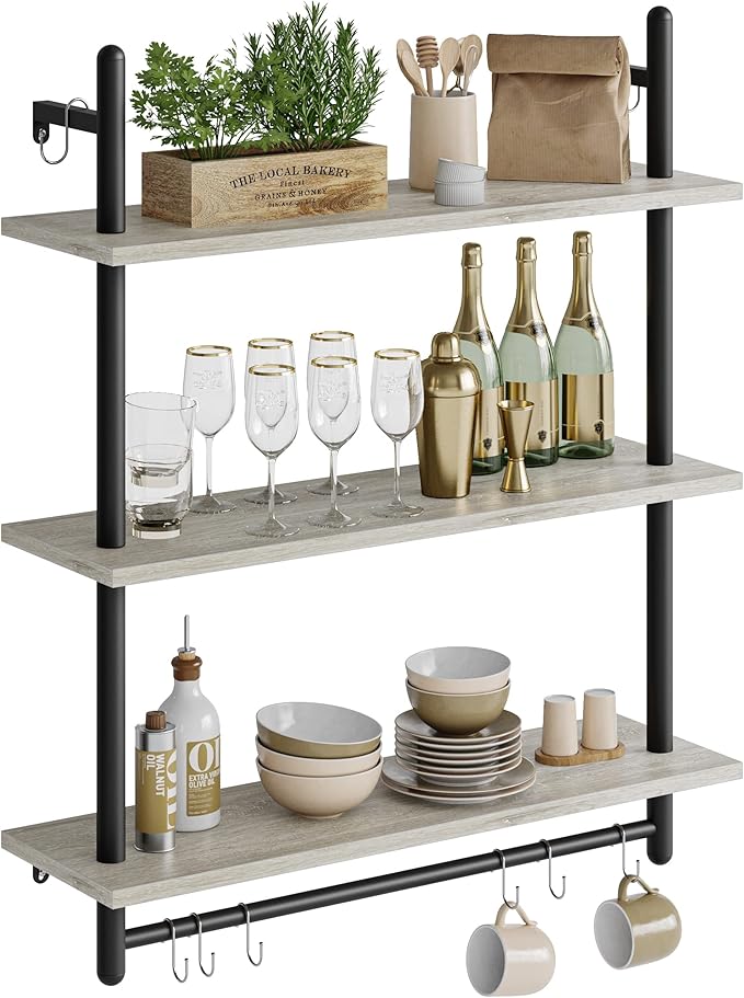 Bestier 3 Tier Industrial Pipe Shelving, Floating Book Shelves for Wall, Storage Hanging Shelves with Towel Bar for Bathroom Organizer Bedroom Kitchen Plants Office. 31.5 Inch Retro Grey
