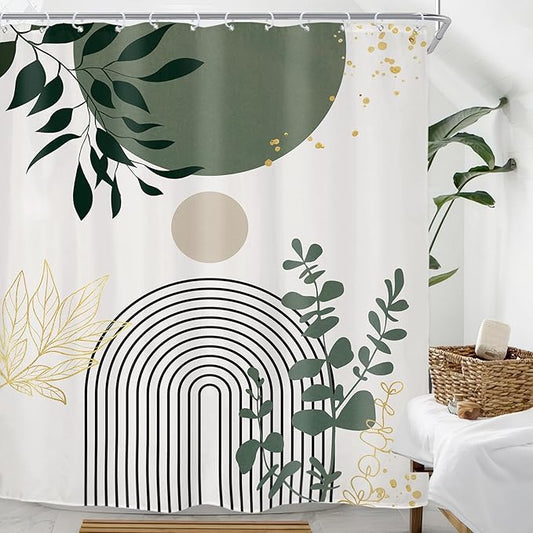 Riyidecor Extra Long Shower Curtain for Bathroom Decor 72Wx84H Sage Green Boho Mid Century Modern Abstract Gold Leaves Minimalist Geometric Art Printed Fabric Polyester Waterproof 12 Pack Plastic Hook