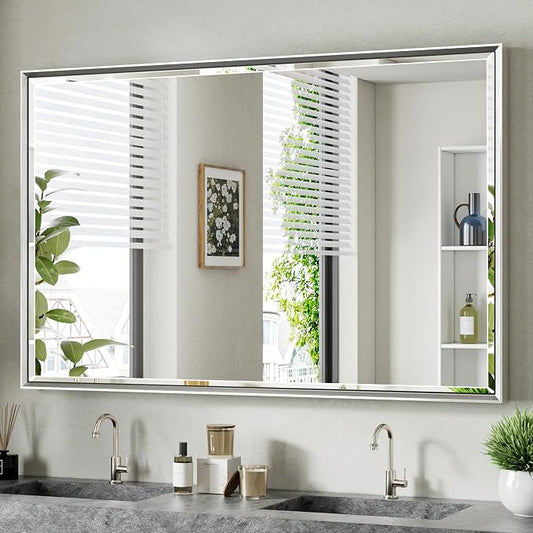 48 x 30 Beveled Bathroom Mirror, Shatterproof Rectangle Mirror, Metal Framed for Wall, Anti-Rust (Vertical/Horizontal)