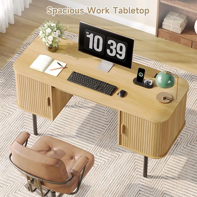 63 Inch Fluted Computer Desk with Power Outlets,Mid Century Wood Office Desk with Storge Cabinets & Sliding Door,Large Executive Desk for Office, Study, Living Room, Bedroom, Oak