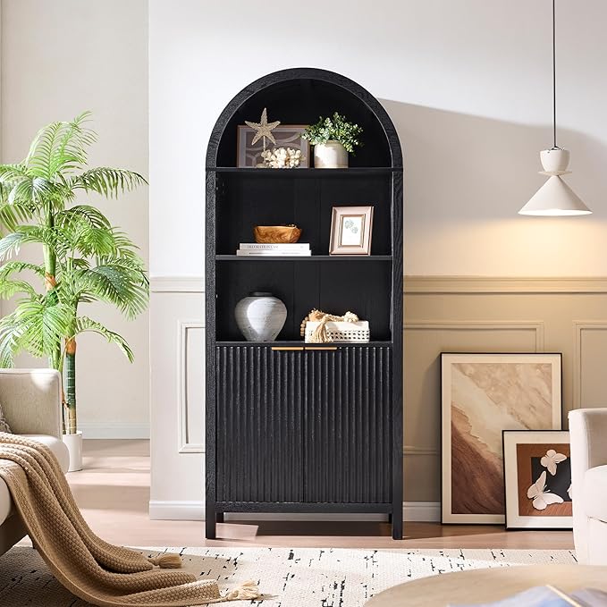 Arched Cabinet Bookshelf Bookcase - 71” Tall Mid Century Arched Display Cabinets, Rounded Bookshelf with Fluted Doors, Open Shelf Storage Cabinet for Dining Room (Black)