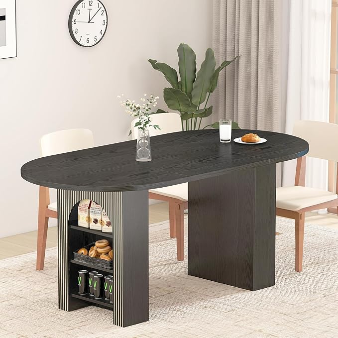 70.8" Oval Dining Table with Dual Side Storage Shelves, Wooden Table for 4–6 People, Modern Farmhouse Round Dinner Table for Kitchen, Reception, or Living Room (Black, Table Only)