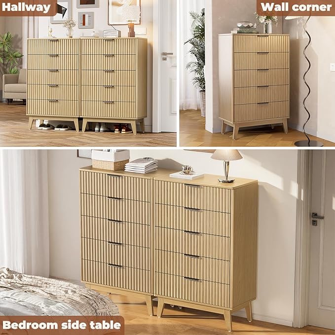 Modern Fluted 5 Drawer Tall Dresser, 48" H, Natural Oak, Curved Profile Design, Mid Century Wood Chest of Drawers for Bedroom, Living Room, Hallway
