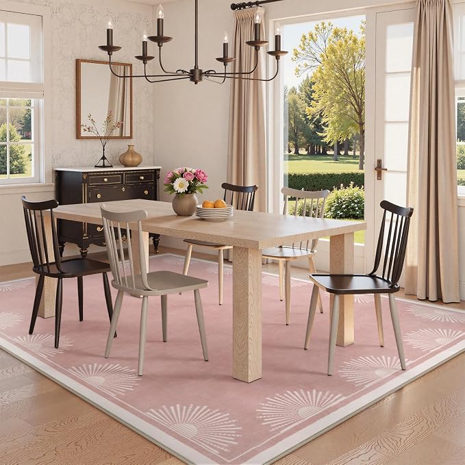 Hedlive Modern Pink 8x10 Rug for Living Room,Ultra Thin Washable Bedroom Rug 8x10 Under Bed, Non Slip Sun Print Large Rugs, Non Shedding Throw Carpet for Girls Room Nursery Dorm(8'x10',Pink)