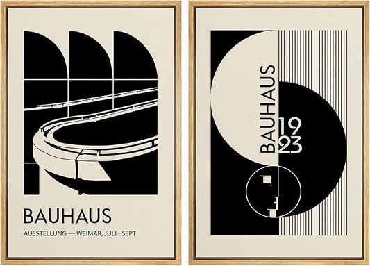 IDEA4WALL Framed Canvas Print Wall Art Set Bauhaus Geometric Black Architecture Circles Abstract Shapes Illustrations Modern Art Decorative for Living Room, Bedroom, Office - 16"x24"x2 Natural