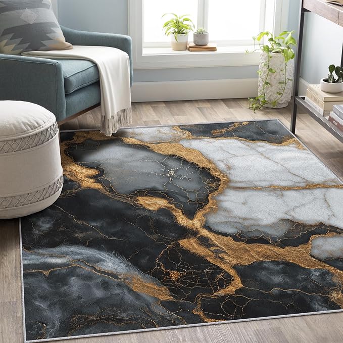 Black White Gold Marble Area Rug, Modern Abstract Pattern Carpet, Washable Non Slip Low Pile Soft Thin, Living Room Bedroom Home Decor Mat 3x5ft(Small)