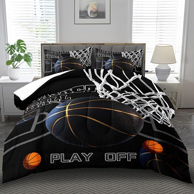 Basketball Comforter Set Queen Bedroom Decor,Sports Comforter Sets for Boys,Black Basketball Bedding Queen,Gold Sports Bedding for Teen,Black Bedroom Decor Boys,Ball Games Quilt Set