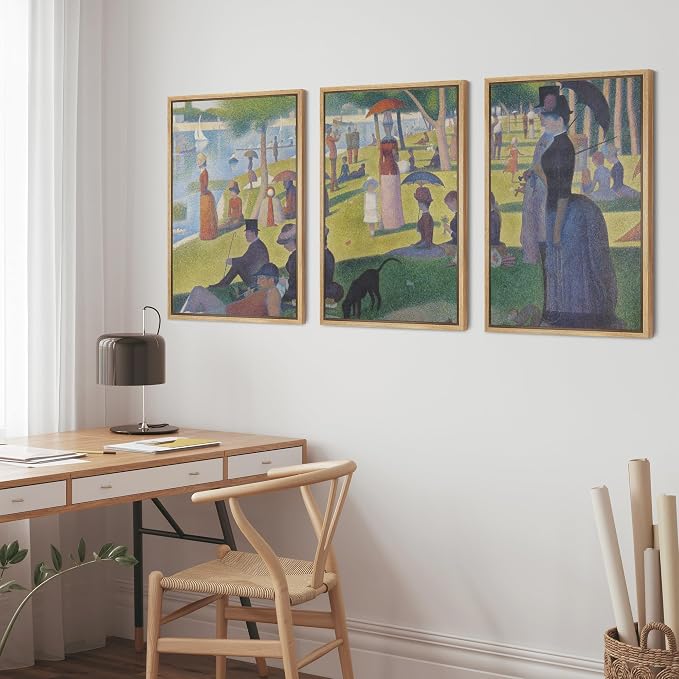 wall26 Framed Canvas Print Wall Art Set La Grande Jatte by Georges Seurat Cultural Historic Oil Painting Fine Art Reproduction Scenic Colorful for Living Room, Bedroom, Office - 16"x24"x3 Natural