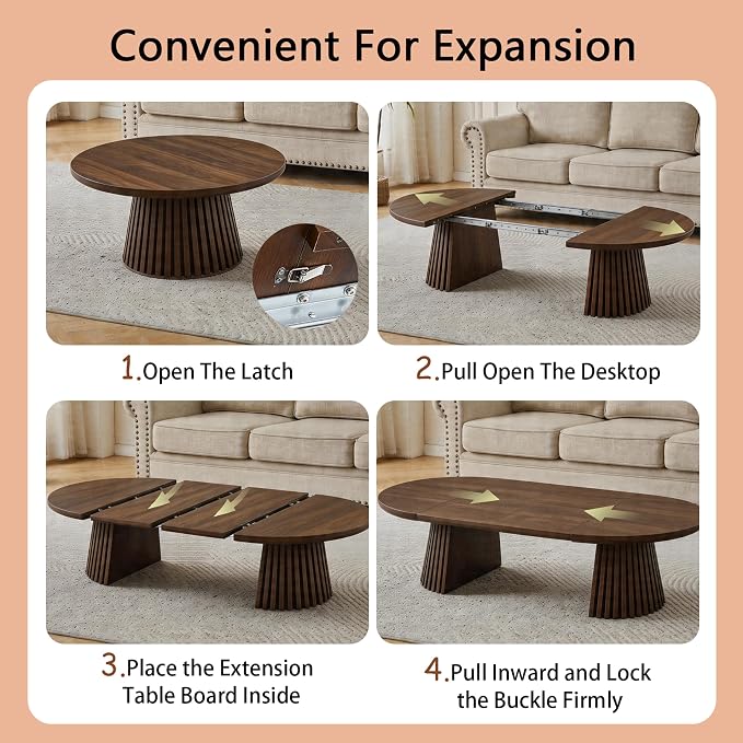 SSLine Extendable Coffee Table, 31.5"-55.1" Round to Oval Walnut Wooden Coffee Table with Fluted Base, 3 Adjustable Lengths, Space Saving Center Tables for Living Room Small Space