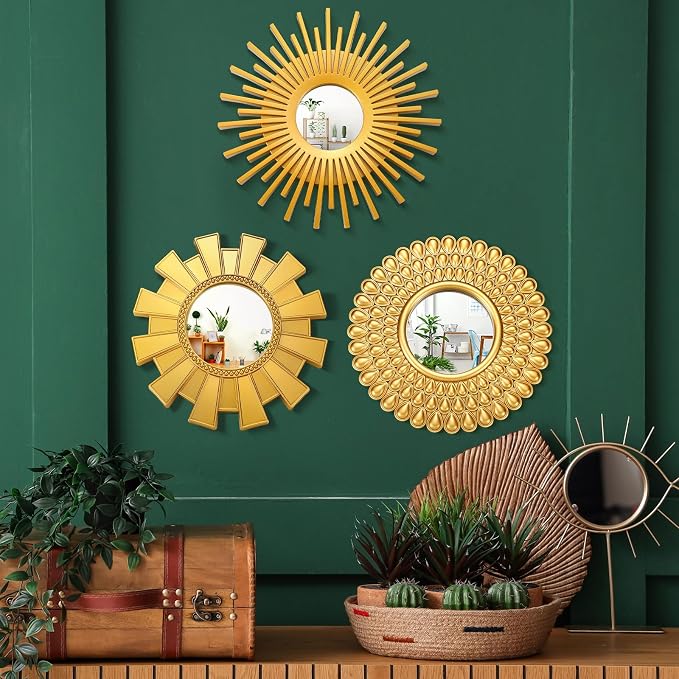 Fourluoo 3 Pack Gold Sunburst Mirrors for Wall Decor Circle Flowers Mirrors Decorative Gold Hanging Wall Art Flowers Mirror for Home Living Dinning Room Bedroom Bathroom Boho Decoration Art(Sunburst)