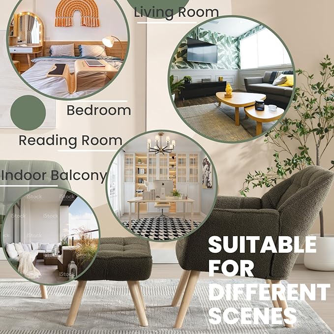 Sherpa Accent Chair with Ottoman, Modern Fuzzy Reading Chair with Ottoman Upholstered Armchair with Wood Legs Comfy Lounge Chair for Small Spaces Living Room Bedroom Book Nook, Green