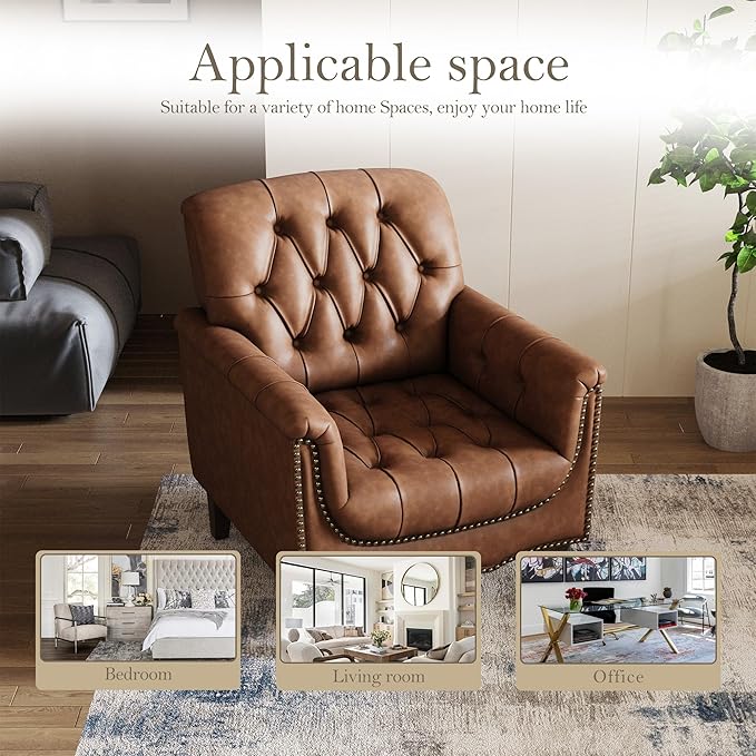 Pia Ricco Modern Tufted Accent Chair, Single Faux Leather Armchair with Nailhead Trim & Wood Legs, Comfortable Upholstered Seat for Living Room, Office - Brown