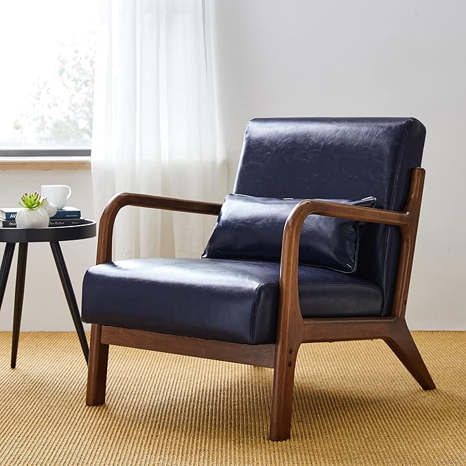 Glitzhome 30.75" H Mid Century Navy Blue Accent Armchair, Single Reading Armchair PU Leather Lounge Chair with Walnut Ruberwood Frame