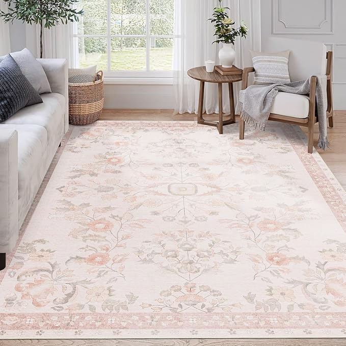 MUJOO 5x7 Area Rugs Washable,Pink Floral Rugs for Living Room Bedroom Dining Room Playroom,Boho Indoor Floor Rug Large Non Slip Throw Carpet Low Pile Vintage