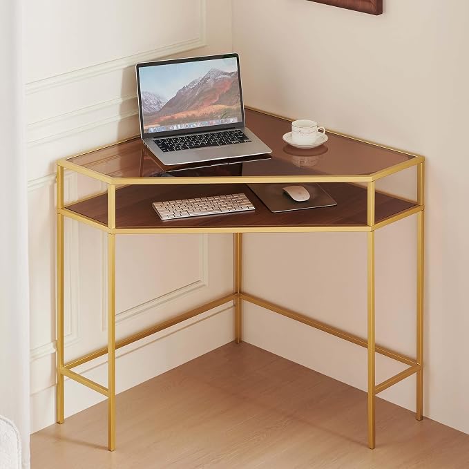 LumFurn Corner Table for Small Space, Triangle Computer Desk for Living Room, Bedroom, Workstation, Office, 2-Tier Structure, Amber Glass Top and Walnut Shelf with Gold Finish Frame