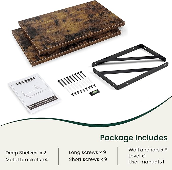 Floating Shelves, 12 Inch Deep Rustic Wood Wall Storage, 24W x 12D Wall Shelves Set of 2, Heavy Duty Metal Brackets, Large Industrial Book Shelf for Living Room, Kitchen, Bedroom, Brown