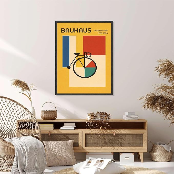 Vintage Bauhaus Geometric Bicycle Poster Canvas Wall Art, Abstract Colorful Shapes Print for Living Room Bedroom Home Decor Modern Minimalist Style (Black Framed,12”LX16"W)
