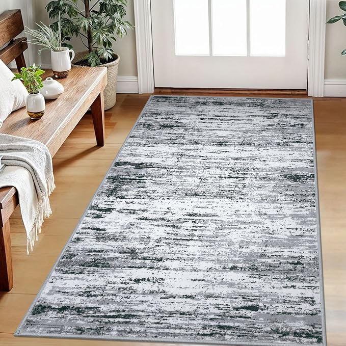 Lansny Modern Abstract Small Area Rug Indoor 3x5 Washable Rug Non-Slip Soft Entryway Rug Black Gray White Kitchen Mats Thin Print Faux Wool Floor Carpet Throw Rugs for Entrance Bedroom Home Decor