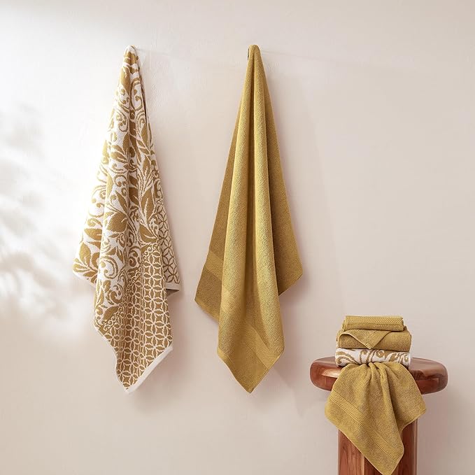 Modern Threads Trefoil Filigree 6-Piece 100% Cotton Towel Set – Reversible Yarn Dyed Jacquard – Includes 2 Bath Towels, 2 Hand Towels, 2 Washcloths – Absorbent, Quick Dry, Soft & Durable – Gold