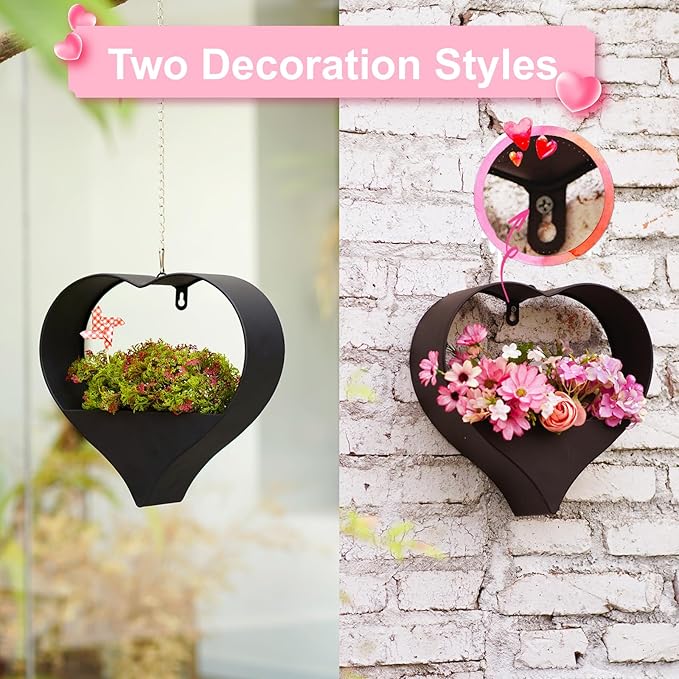 Metal Plant Hangers Indoor and Outdoor: Valentines Day Gifts for Her Wife Women Mom Garden Lovers Birthday - Heart Shape Hanging Planters for Window Wall Living Room Office Decor(Black)