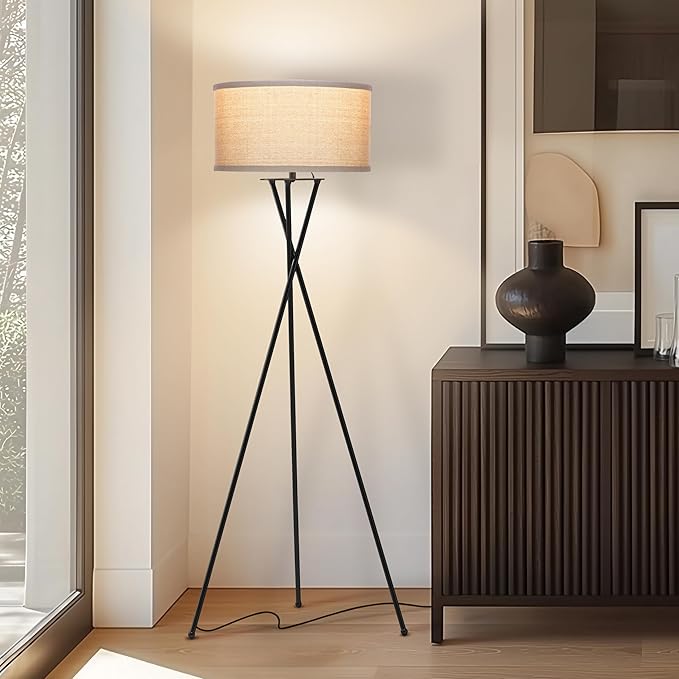 Brightech Jaxon LED Floor lamp, Modern Lamp for Living Rooms & Offices, Tall Lamp with Contemporary Drum Shade, Gold Tripod Standing Lamp for Bedroom Reading, Great Living Room Decor - Black