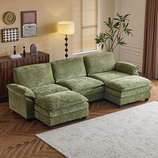 VINGLI 122" Cloud Olive Green Convertible Sectional Sofa, Comfy U-Shape Extra Deep Seat Sofa Couch for Living Room,Modern Chenille 3-Seat Convertible Sofa with 2 Movable Ottomans for Small Space