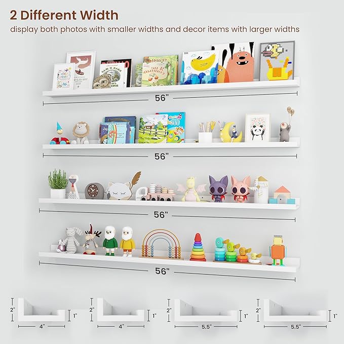 Axeman Picture Ledge Shelf | 55 Inch White Floating Shelves Set of 4 | Rustic Wood Wall Shelves with Lip | 55" White Picture Shelves for Wall with Ledge | Photo Shelves