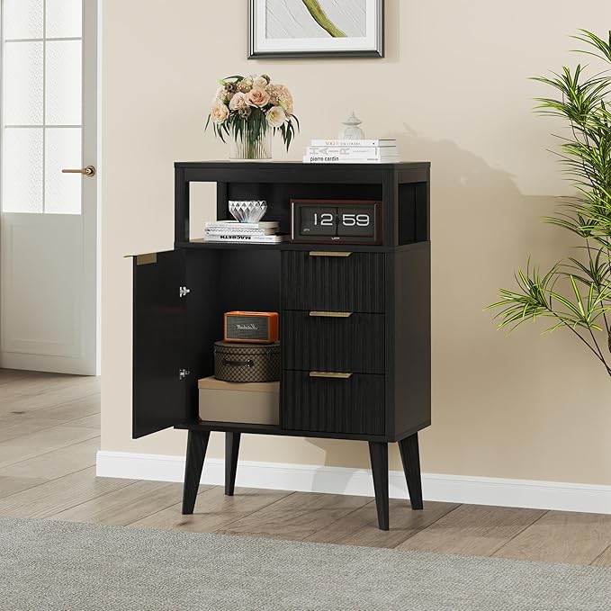 Black Bathroom Floor Cabinet with 3 Fluted Drawers & Door, Modern Storage Sideboard with Open Shelf, Coffee Bar Station for Living Room, Entryway, 23.6 x 11.8 x 34.6 Inches